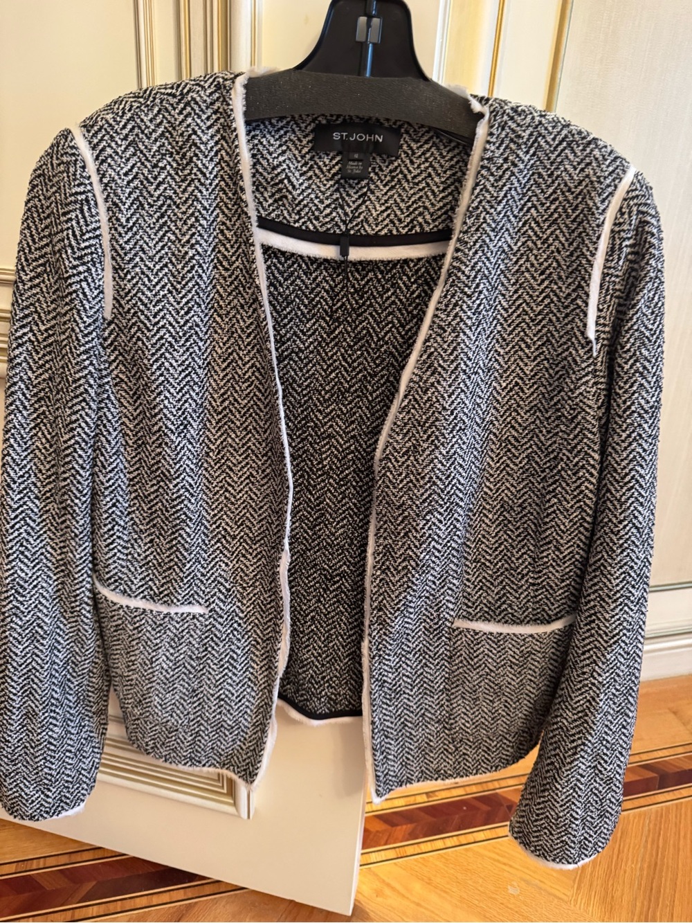 St. John Black & White Herringbone Open-Front Blazer
